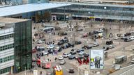 London, England - April 2022: Aerial view of the drop off and pick up area for passengers at Terminal 3