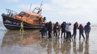 A group of people thought to be migrants are brought in to Dungeness, Kent, by RNLI lifeboat following a small boat incident in the Channel. Picture date: Monday August 21, 2023.