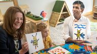 Prime Minister Rishi Sunak and Education Secretary Gillian Keegan hold images of bees they created during a visit to the Busy Bees nursery in Harrogate, North Yorkshire. Picture date: Monday August 21, 2023. PA Photo. See PA story POLITICS Childcare. Photo credit should read: Danny Lawson/PA Wire