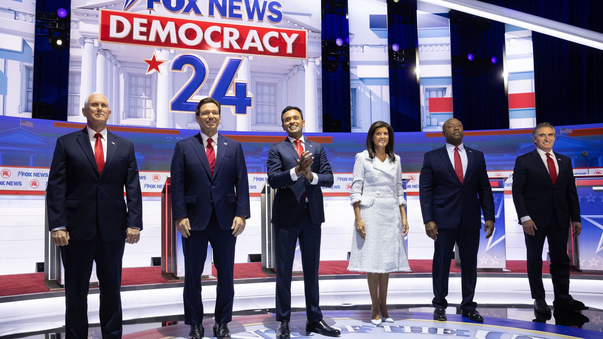 Mike Pence, Ron DeSantis, Vivek Ramaswamy, Nikki Haley, Tim Scott, and Doug Burgum before the first Republican presidential debate. Pic: AP