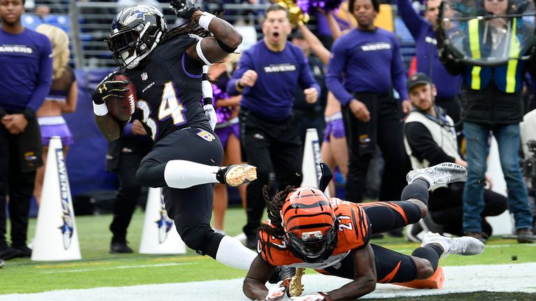  Baltimore Ravens running back Alex Collins, left, scores a touchdown in front of Cincinnati Bengals. Pic: AP