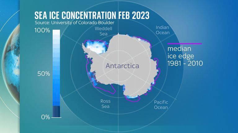 Antarctica sea ice concentration February 2023