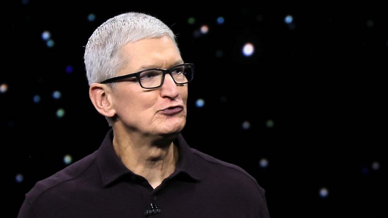 O CEO da Apple, Tim Cook, apresenta o novo iPhone 14 em um evento da Apple em sua sede em Cupertino, Califórnia, EUA, em 7 de setembro de 2022.  Reuters/Carlos Barria