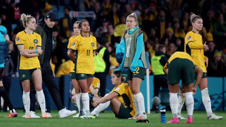 Australia&#39;s players after the match against the Lionesses