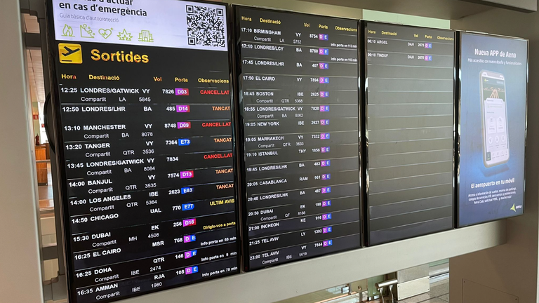 The departures board in Barcelona airport showing flights to the UK cancelled or delayed Pic: Brad Sutton