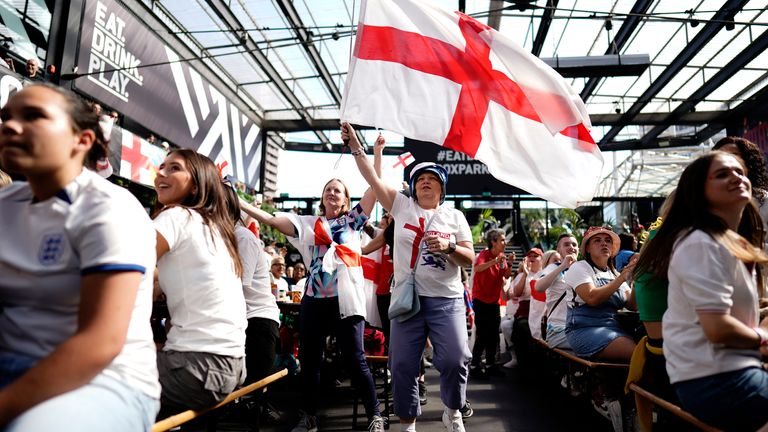 England fans ahead of a screening of the FIFA Women&#39;s World Cup 2023 semi-final between Australia and England at BOXPARK Croydon, London. Picture date: Wednesday August 16, 2023.