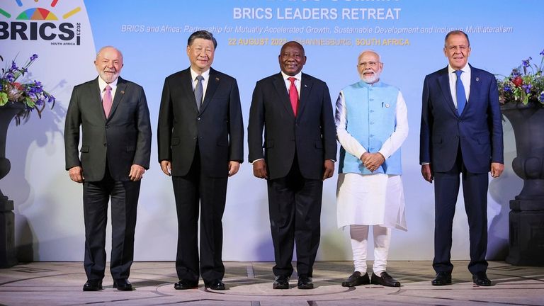 Chinese President Xi Jinping, second from left, with the other world leaders at the BRICS summit. Pic: AP