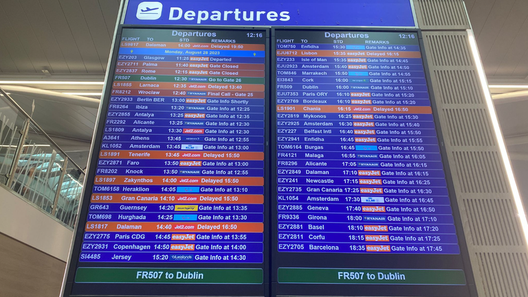 The departures board at Bristol Airport showing delayed flights Pic: Simon West