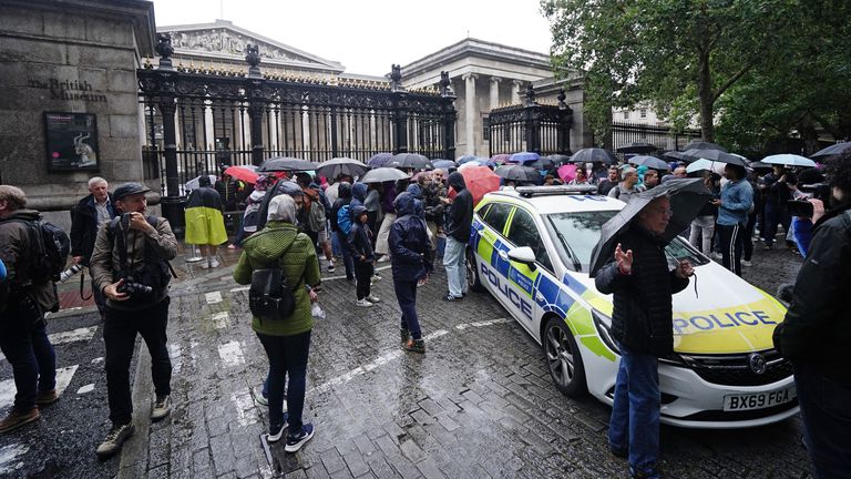 Police outside the British Museum in London after a man was arrested on suspicion of causing grievous body harm after a man was stabbed close to the museum, the Metropolitan Police said. Picture date: Tuesday August 8, 2023.
