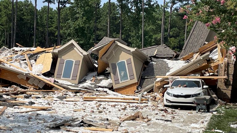 Damage and debris from a house explosion are seen in Mooresville, N.C., Tuesday, Aug. 22, 2023. Robert M. Farley, father of Tennessee Titans cornerback Caleb Farley, died overnight in the explosion that destroyed the NFL player&#39;s North Carolina home and left another person injured, authorities said. (AP Photo/Steve Reed)