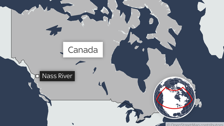 The location of the Nass River, British Columbia, Canada