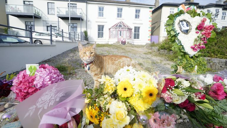 A cat stands alongside floral tributes left outside the former home of Sinead O'Connor in Bray, Co Wicklow, ahead of the late singer's funeral today. Picture date: Tuesday August 8, 2023.
