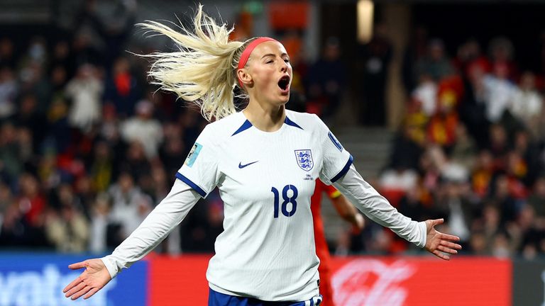 England&#39;s Chloe Kelly celebrates scoring their fifth goal  
