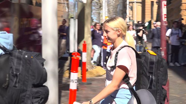 Chloe Kelly boards the team coach outside the hotel as the Lionesses head to the airport to return to the UK after the Women&#39;s World Cup.