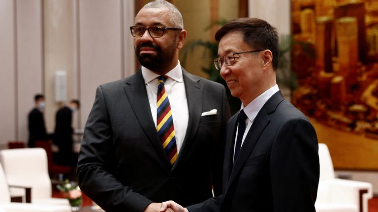 British Foreign Secretary James Cleverly and Chinese Vice President Han Zheng shake hands before a meeting at the Great Hall of the People in Beijing, China August 30, 2023. REUTERS/Florence Lo/Pool