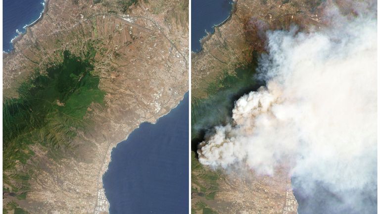 A combination of satellite images shows the island of Tenerife before and during the wildfire, Spain on August 13, 2023 (left) and August 16, 2023 Pic: Planet Labs PB