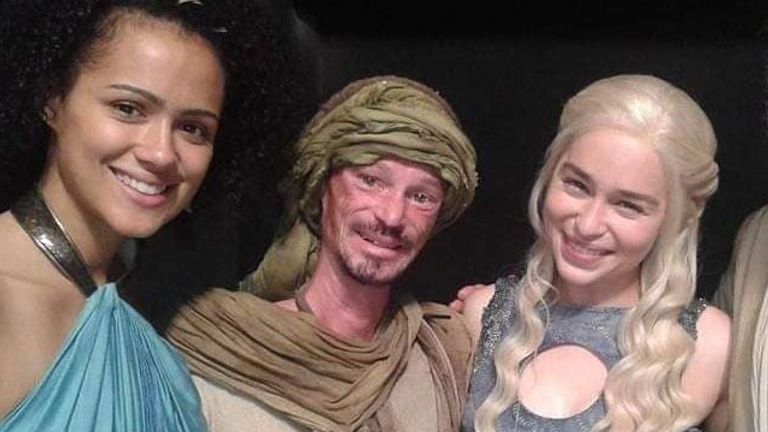 Darren Kent with Emilia Clarke in Game Of Thrones in 2014. Pic: Facebook
