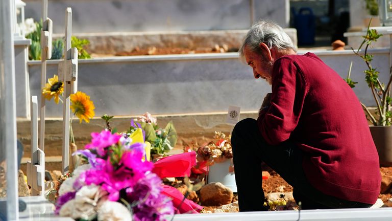 David Hunter lays flowers at the grave of his wife Janice Hunter at a cemetery near their their former home in Paphos, Cyprus. Picture date: Tuesday August 1, 2023.
