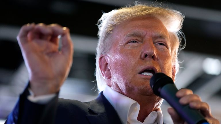 Donald Trump speaks to supporters during a visit to the Iowa State Fair, Saturday, 12 August, 2023, in Des Moines, Iowa. Pic: AP