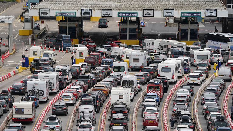 Vehicles queue at the Port of Dover, Kent, as the summer bank holiday getaway starts 