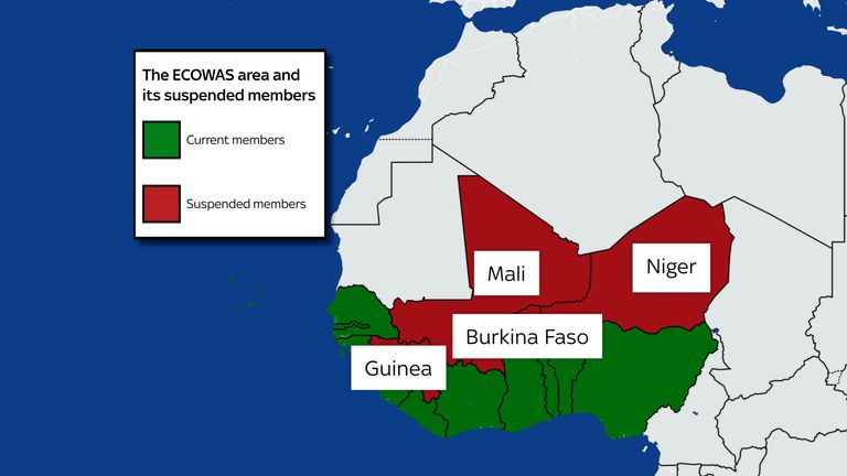 A map showing the ECOWAS area and its suspended members