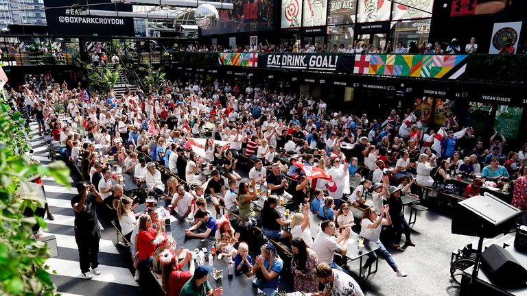 England fans ahead of a screening of the FIFA Women&#39;s World Cup 2023 semi-final between Australia and England at BOXPARK Croydon, London. Picture date: Wednesday August 16, 2023. PA Photo. See PA story SPORT Lionesses. Photo credit should read: Aaron Chown/PA Wire...RESTRICTIONS: Use subject to restrictions. Editorial use only, no commercial use without prior consent from rights holder.