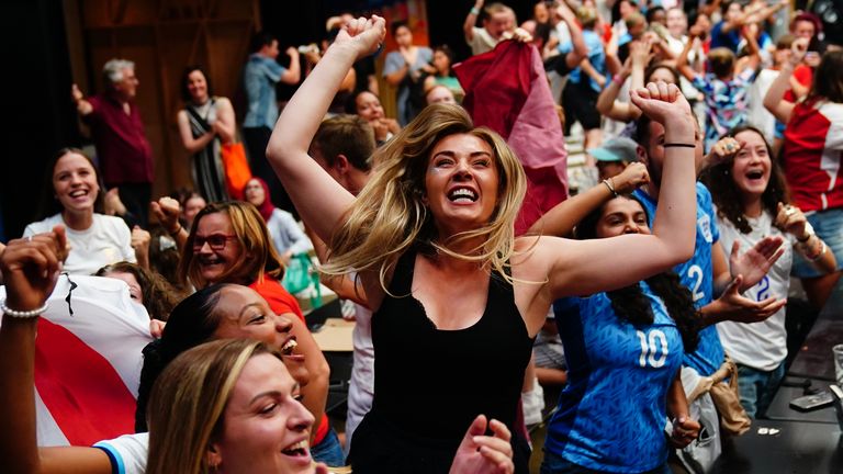 England fans celebrate the second England goal scored by Lauren Hemp during a screening of the FIFA Women&#39;s World Cup 2023 semi-final between Australia and England at BOXPARK Wembley, London. Picture date: Wednesday August 16, 2023.