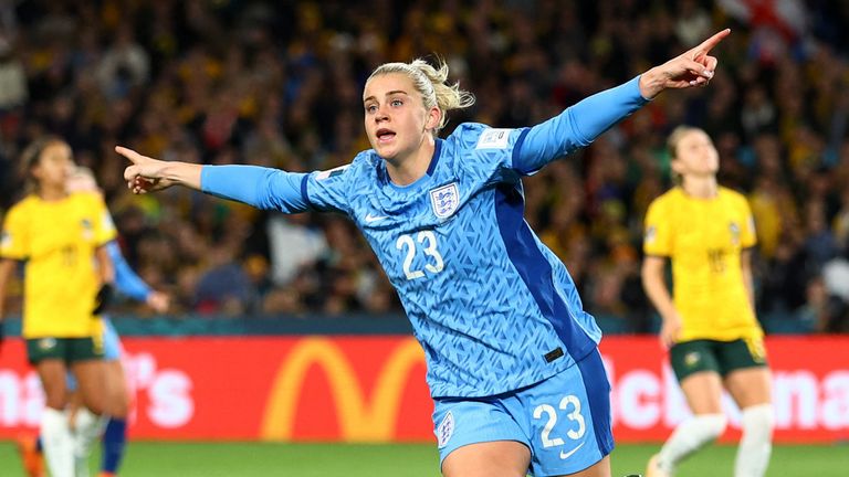 Soccer Football - FIFA Women’s World Cup Australia and New Zealand 2023 - Semi Final - Australia v England - Stadium Australia, Sydney, Australia - August 16, 2023 England&#39;s Alessia Russo celebrates scoring their third goal REUTERS/Carl Recine