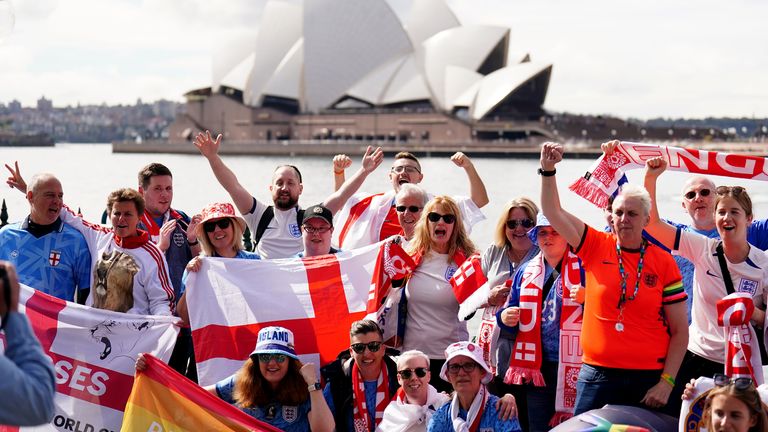 England supporter group, FreeLionesses, pictured outside of Sydney Opera House this morning