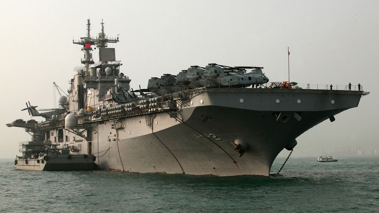 The USS Essex, a U.S. Navy amphibious assault ship, arrives in Hong Kong