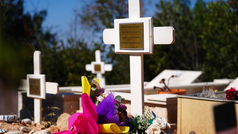 Flowers at the grave of Janice Hunter, wife of David Hunter in a cemetery near their their former home in Paphos, Cyprus. Picture date: Tuesday August 1, 2023.