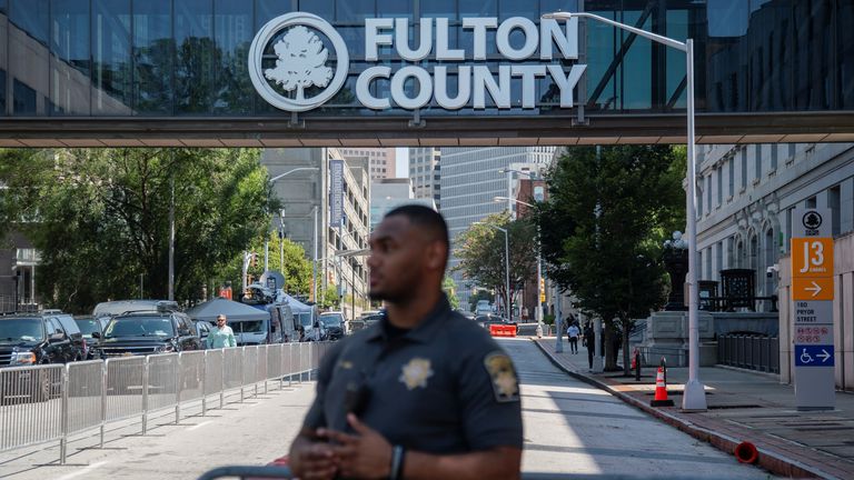 Security steps up outside the court house in Fulton County, Georgia ahead of Trump&#39;s possible indictment