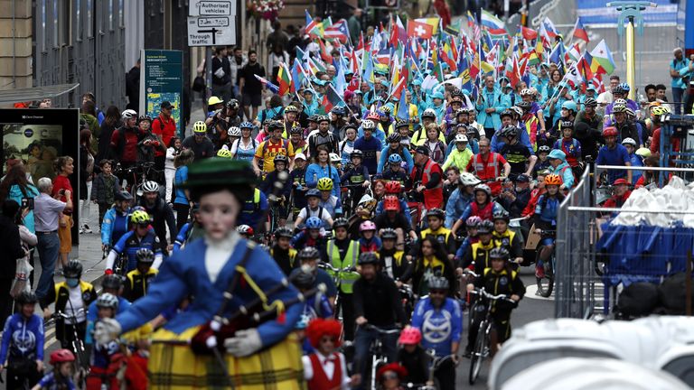 A general view of members of The People&#39;s Peloton during the opening ceremony for the 2023 UCI Cycling World Championships in George Square, Glasgow. Picture date: Wednesday August 2, 2023.