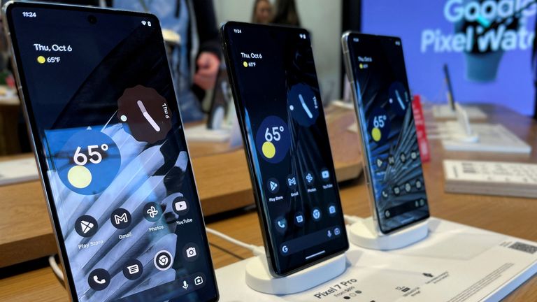 New Google Pixel 7 Pro smartphones are displayed at a launch event for new Google hardware devices in the Brooklyn borough of New York City, New York, U.S., October 6, 2022. REUTERS/Roselle Chen