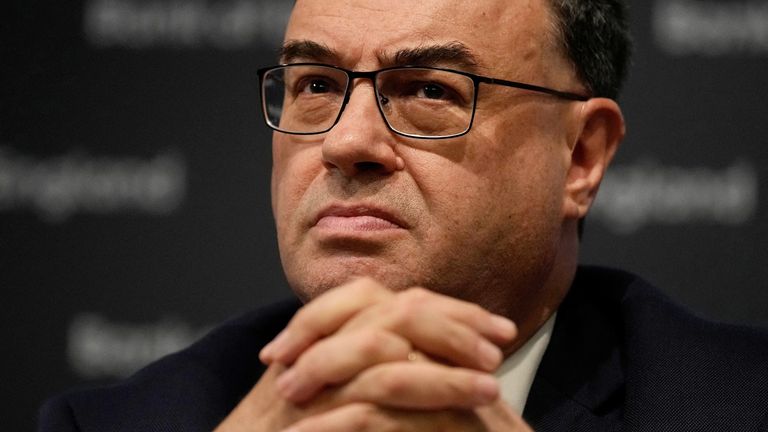 Governor of the Bank of England Andrew Bailey attends a press conference for the Monetary Policy Report  