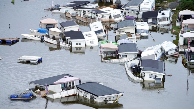 A view shows a campsite flooded with water following heavy rain and extreme weather Hans, in Aurdal, Norway August 11,2023. Ole Berg-Rusten/NTB via REUTERS ATTENTION EDITORS - THIS IMAGE WAS PROVIDED BY A THIRD PARTY. NORWAY OUT. NO COMMERCIAL OR EDITORIAL SALES IN NORWAY.
