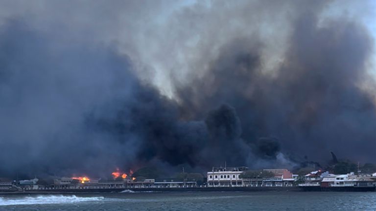 Smoke from wildfires at Lahaina harbour