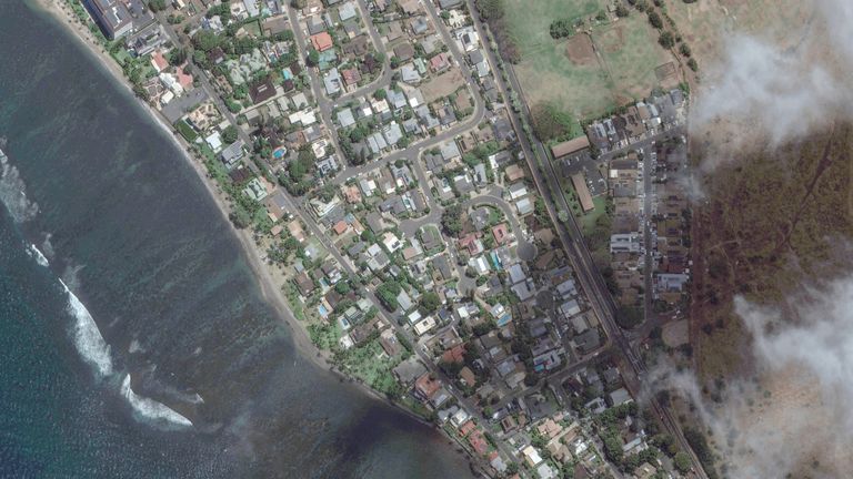 A satellite image shows an overview of southern Lahaina, Maui County