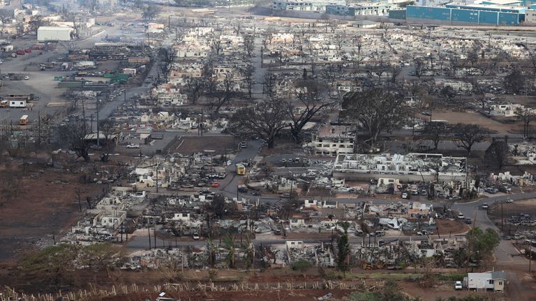 An aerial view shows the community of Lahaina after wildfires 