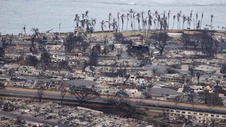 An aerial view shows the community of Lahaina after wildfires driven by high winds burned across most of the town several days ago, in Lahaina, Maui, Hawaii, U.S. August 10, 2023. REUTERS/Marco Garcia TPX IMAGES OF THE DAY
