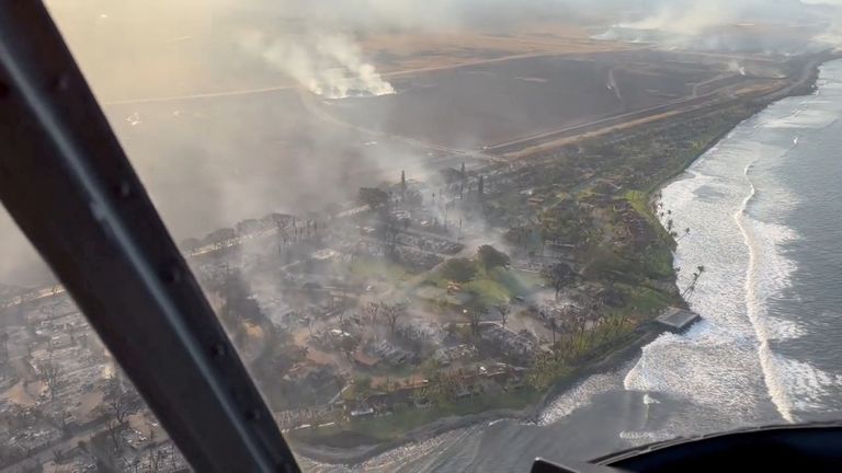 An aerial view shows damage along the coast of Lahaina in the aftermath of wildfires in Maui, Hawaii