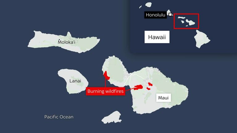 A map showing the wildfires on Maui
