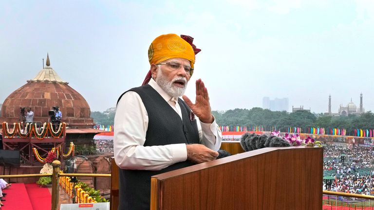 Indian Prime Minister Narendra Modi speaks at 17th century Mughal-era Red Fort monument on country&#39;s Independence Day in New Delhi, India
Pic:AP