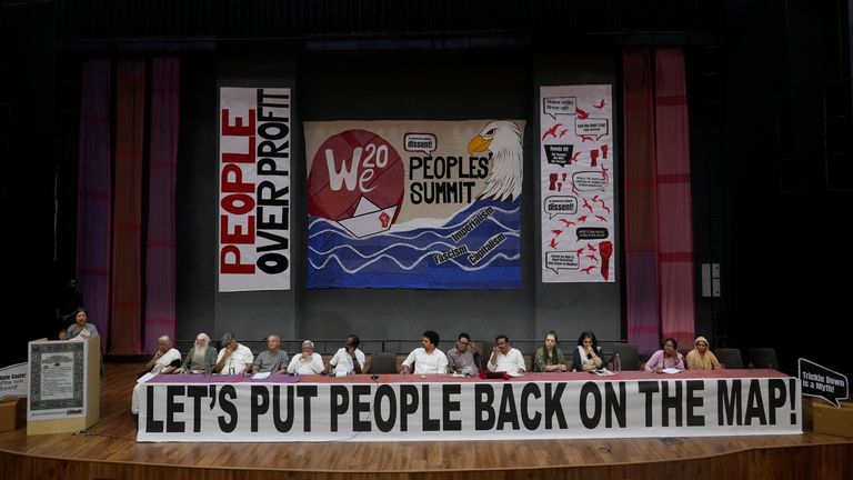 All India Democratic Women&#39;s Association leader Brenda Karat, speaks as during a &#39;People&#39;s Summit on G20" in New Delhi, India, Friday, Aug. 18, 2023. Indian police intervened to stop a meeting of prominent activists, academics and politicians discussing issues ahead of a summit of the Group of 20 industrialized and developing nations next month that will be hosted in New Delhi, citing law and order issues, the meeting&#39;s organizers said on Sunday. (AP Photo/Manish Swarup)