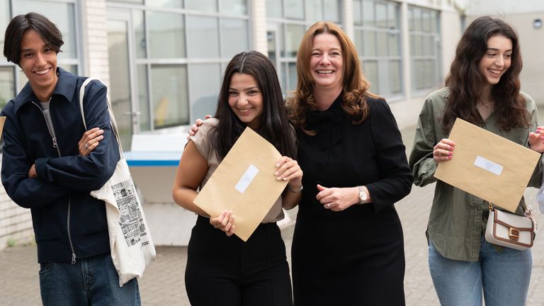 Education Secretary Gillian Keegan during a visit to City of London Academy in Islington, north London, as students receive their A-level results