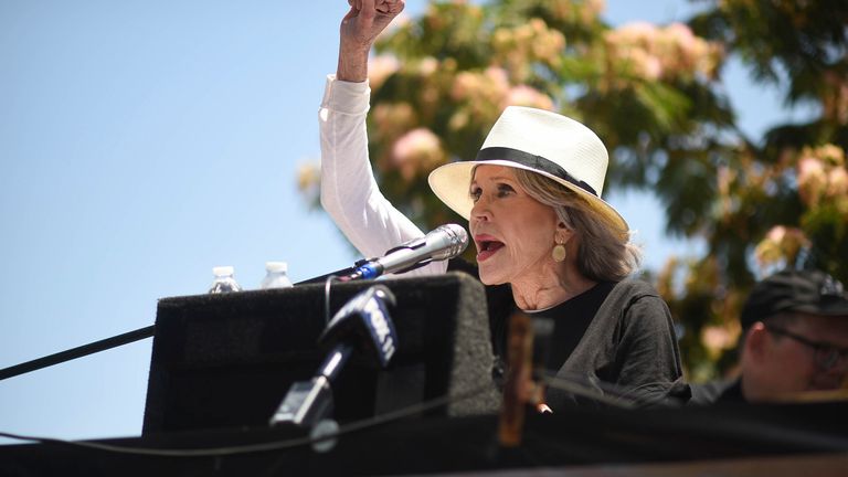 Actor Jane Fonda speaks at a picket line outside Netflix studios on Friday, July 28, 2023, in Los Angeles 
Pic:Invision/AP