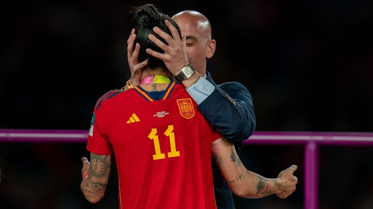 Jenni Hermoso is kissed by president of the RFEF Luis Rubiales during the FIFA Womens World Cup 2023 Final football match 