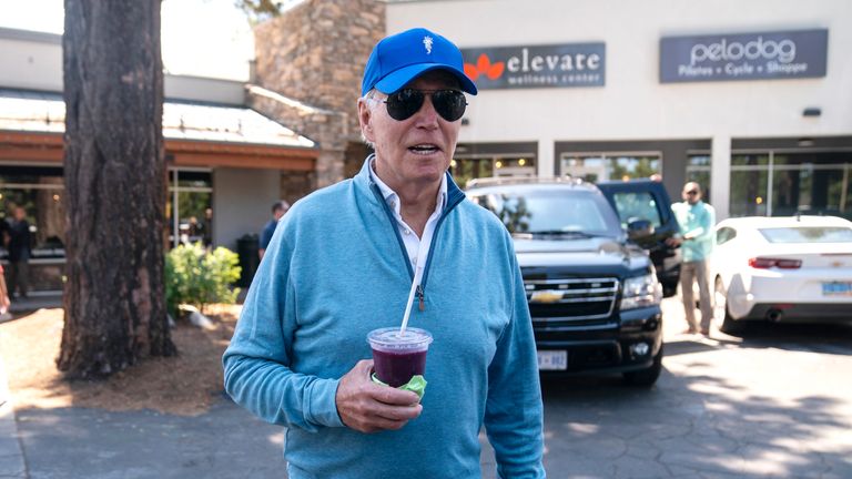 President Joe Biden speaks with reporters after taking a pilates and spin class at PeloDog, Wednesday, Aug. 23, 2023, in South Lake Tahoe, Calif. (AP Photo/Evan Vucci)