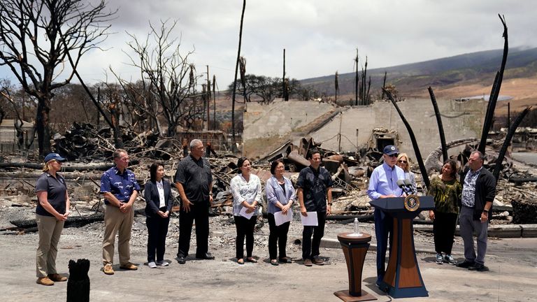President Joe Biden speaks after touring the areas devastated by the Maui wildfires Monday, August 21, 2023, in Lahaina, Hawaii.  AP Photo/Evan Vucci)