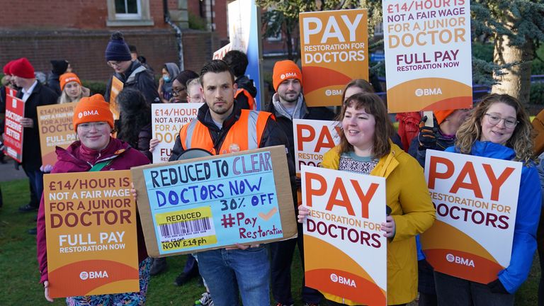 Striking NHS junior doctors on the picket line outside Leicester Royal Infirmary. Pic: File